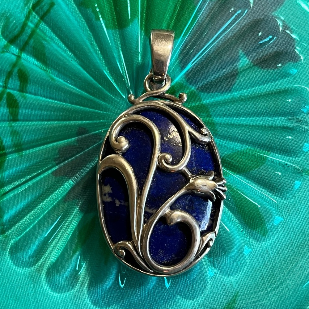 Vintage Large Lapis Lazuli Floral Sterling Silver 925 Ornate Pendant